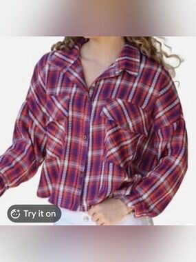 BUCKETLIST Coral and purple Plaid Button-Up crop Shirt